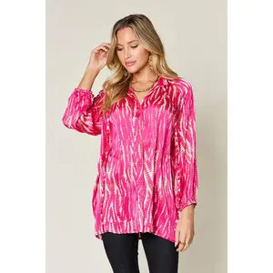 Double Take Full Size Printed Button Up Long Sleeve Shirt Polyester Womenswear