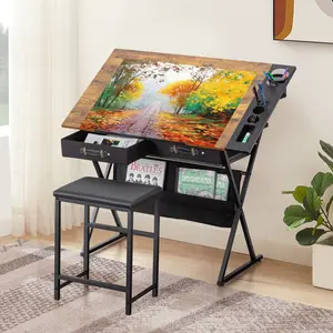 Drafting Table with Stool Artist Desk Tilting Tabletop with 2 Storage Drawers Bag Drawing Table Art Craft Desk Watercolor Paintings Sketching Work Station for Home Office