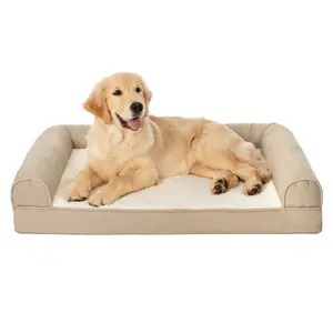 Furhaven Pet Products Large Plush & Performance Linen Orthopedic Sofa Dog Bed, Flax FurHaven