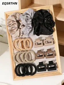 21pcs Minimalist Hair Accessories Set - Sparkly Scrunchies, No-Crease Spiral Ties & Matte Claw Clips | Neutral Tones Aesthetic for Thick Hair | Perfect Daily Essential Bundle for Girls