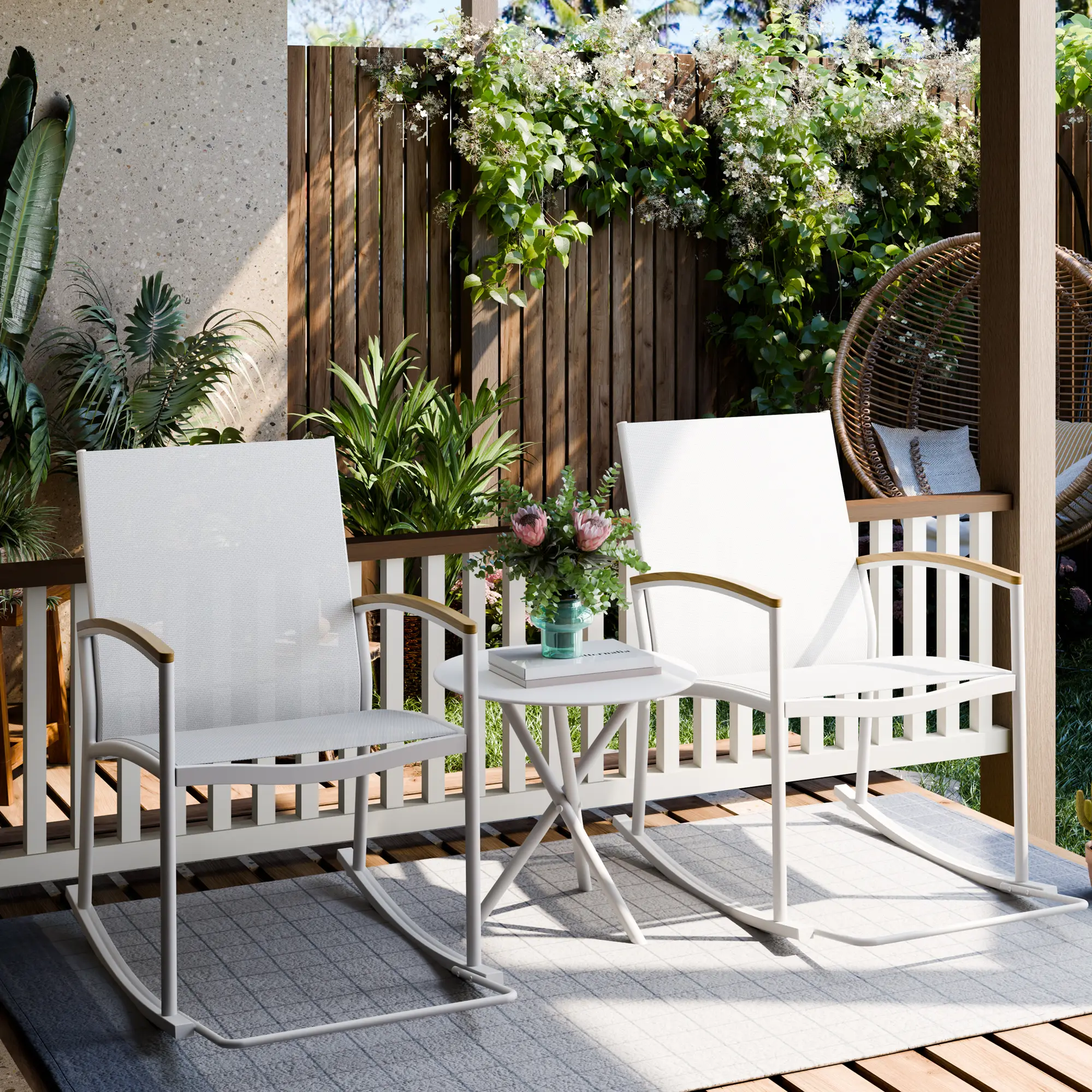 Walsunny Outdoor Rocking Patio Chairs, Set of 2 Modern Chairs & 1 Round Side Table, All - Weather Resistant, Garden & Backyard, White