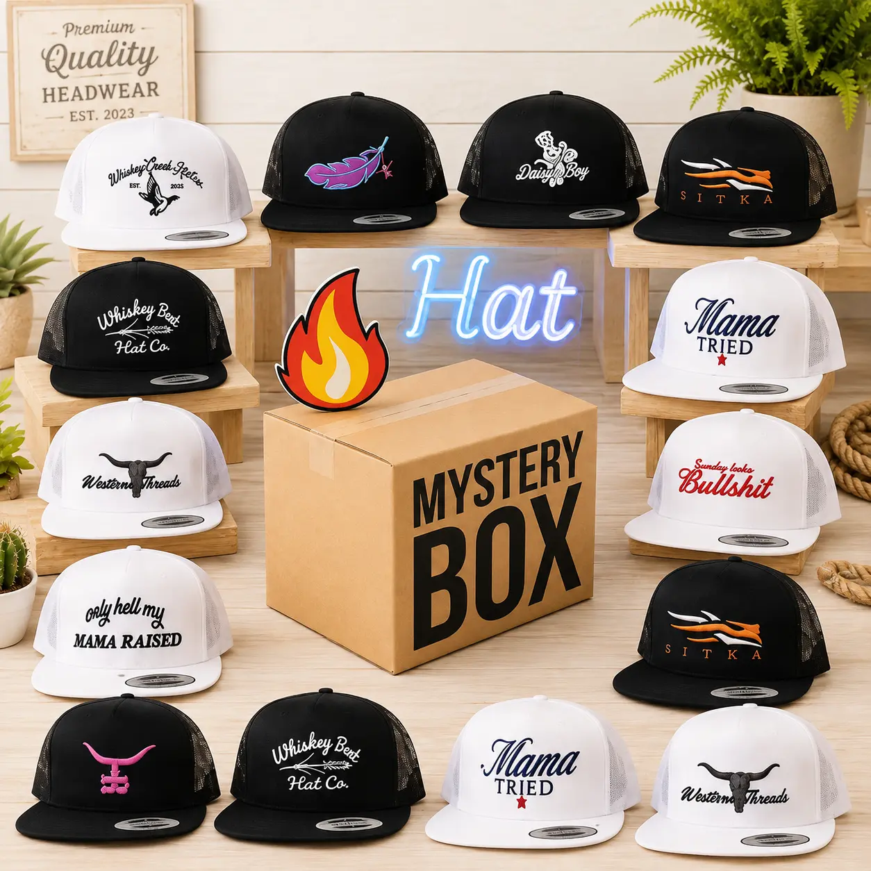 New One Hats Mystery Box Random hat Sent Sitka Mama Tried Happy Whiskey Creek Feathered Outlaw Dough Boy, Standin on Snapback