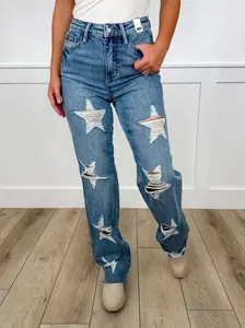 Judy Blue Luna High-Rise Straight Leg Jeans - Medium Wash (Rigid Magic, Raw Hem, Distressed), Cotton, Comfy