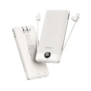 VEGER Portable Charger with Built-in AC Plug and Cables, All in One 10000mAh Ultra Slim Power Bank Emergency Fast Charging for Travel Battery Pack Compatible with iPhone, Samsung, Android
