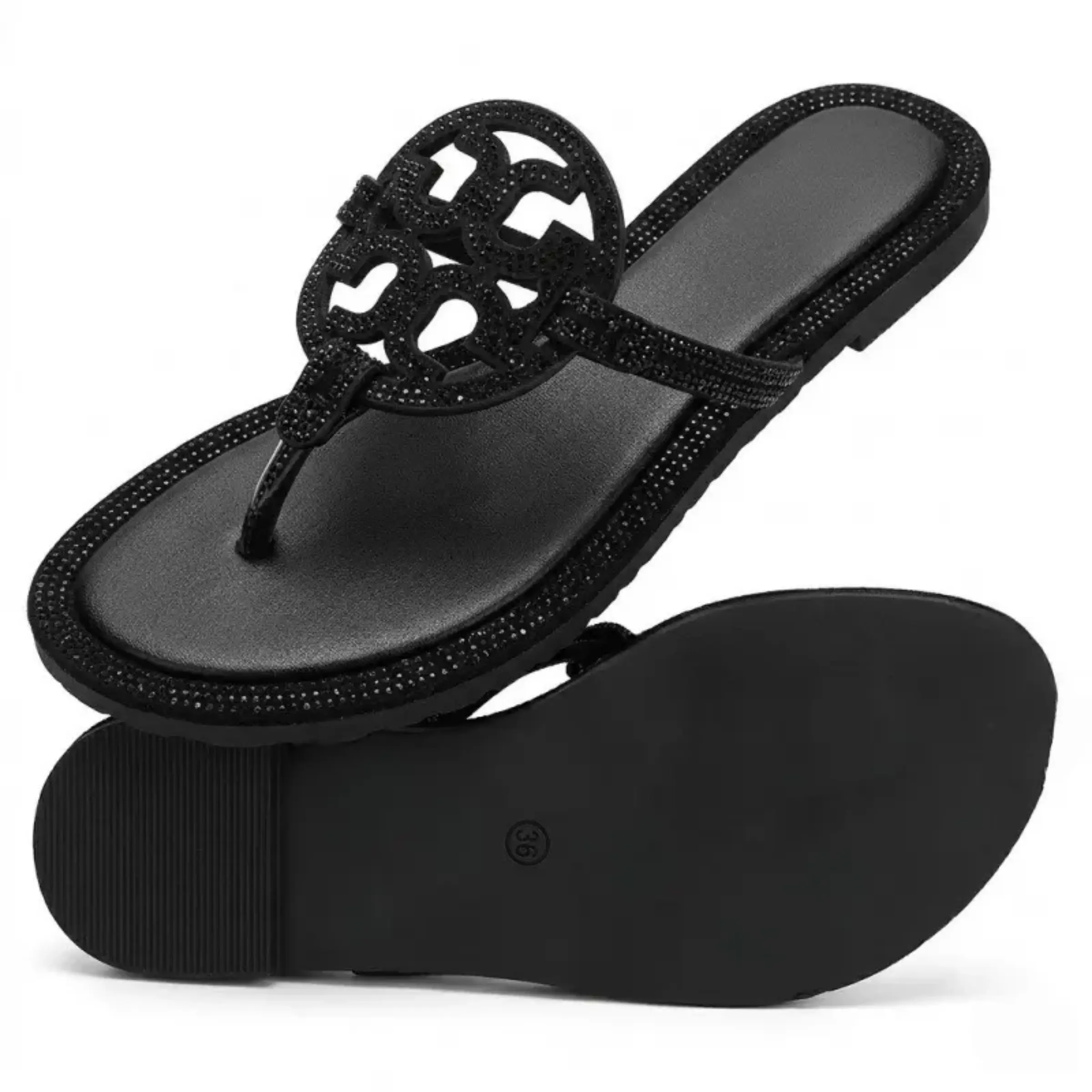 Women's Rhinestone Thong Sandals with Ankle Strap, Casual Lightweight Flats with Geometric Cutout for Summer and Evening, Glitter Sandals, Slip On, Classic, Design, Plain, Rhinestones, Walking Shoes, Breathable, Holiday, Open Toe, Casual Wear, Smooth Bed,