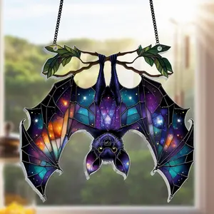 Down Bat Colorful Acrylic Suncatcher,Faux Stained Glass Bat Ornament,Halloween Party Decoration,Bat Suncatcher,Gothic Suncatcher Home