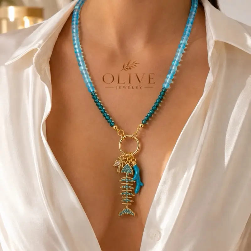Olive Jewelry Mermaid Tropical Necklace - A beautiful design inspired in the majestic ocean brass none tarnish material