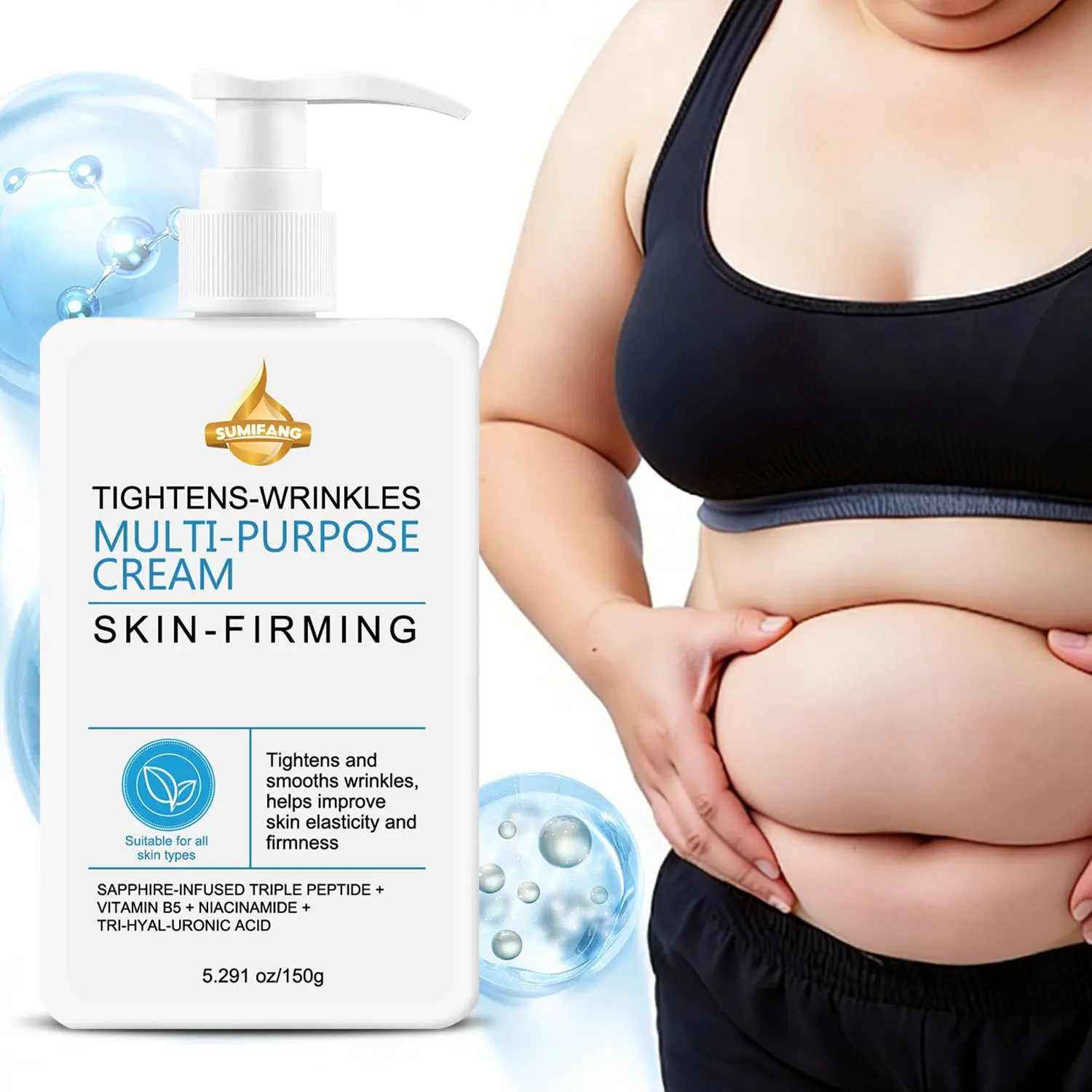 SUMFANG Multi-Effect Firming & Anti-Wrinkle Skin Cream 150g Treatment | Sapphire Peptide Complex + Tripeptide + Niacinamide, improves wrinkles and sagging | Triple Hyaluronic Acid + Vitamin B5 for deep hydration