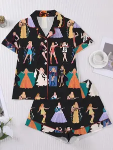 Women’s Concert-Inspired Movie Print Pajama Set – Short Sleeve Button-Down Top & Elastic Waist Shorts, Soft Casual Loungewear for Fans