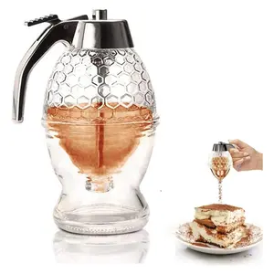 Honey Dispenser, No Drip Honey Jar with Stand, 8 oz Mess Free Honey Container for Tea, Pancakes, Baking, Maple Syrup