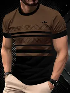 Men's striped printed crew neck T-shirt, a stylish summer streetwear sporty short-sleeved shirt for everyday wear.