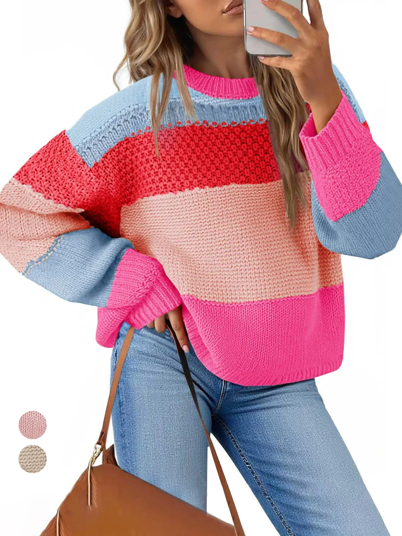 Skoinvb Women's Fitted Long Sleeve Knitwear - Trendy Color Block Striped Spring Fall Cropped Pullover, Style-Focused for Everyday Daily Outings, Top