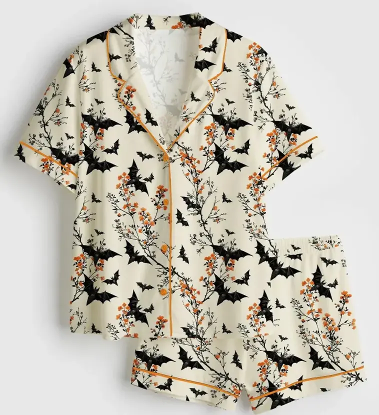 Women's Halloween Bat Pajama Set: Satin Short Sleeve Sleepwear