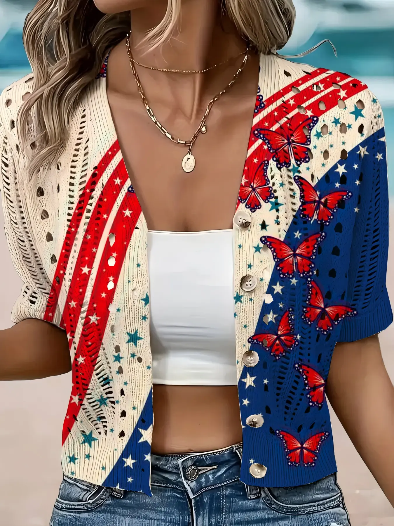 Elegant Women's Striped Butterfly Star Print Short Sleeve Knit Cardigan, Casual Summer Fall Fashion, Button Front Open Front Sweater
