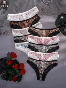 Women's Leopard Print Lace Patchwork Comfortable Triangle Panties, Pack of 10, Pure Color Fruit Pattern, Soft and Breathable