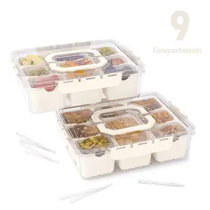 2 Pack, Beige Divided Serving Tray with Lid and Handles 9 Compartments Snack Box Container Charcuterie Organizer Snackle Box Container for Candy,Nuts,Fruits,Snacks