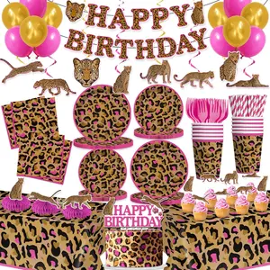 cocomigo 193pcs Cheetah Birthday Decorations Tableware Set, Serves 25 Guests, Cheetah Print Birthday Decorations includes 300 gsm Plates, Balloons, Tablecloths, for Leopard Theme Party Supplies