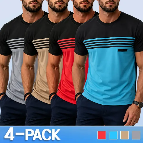 Men’s summer 4-pack casual color-block T-shirts, stretchy comfortable fabric, simple striped design, suitable for commuting, everyday wear, and light casual looks