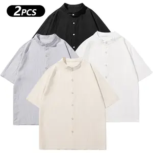Men's Shortsleeve Stylish Plain Stand-Collar Casual Button Shirt - Lightweight Linen Menswear Top