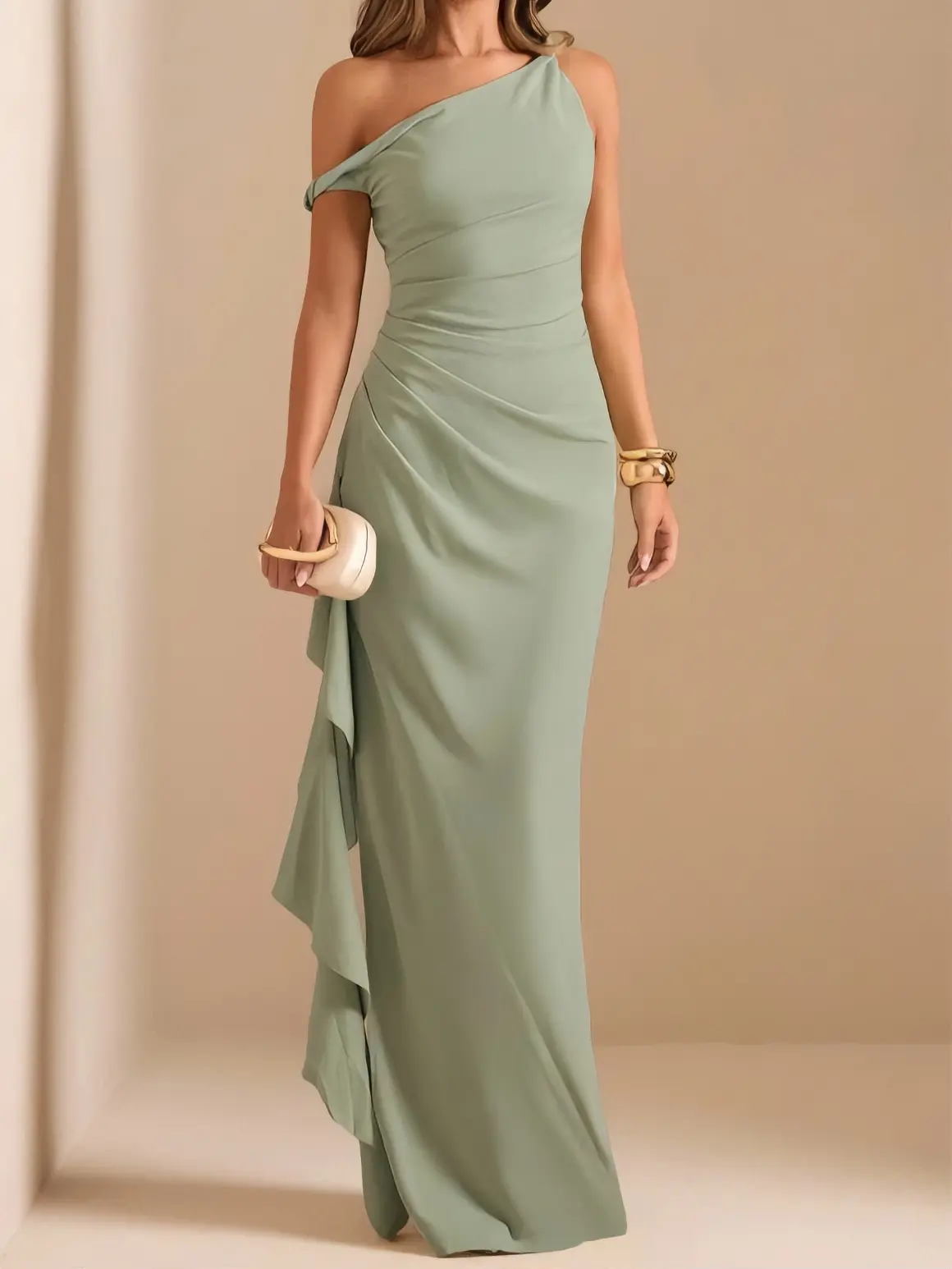 Autumn/Winter Bridesmaid Dress, Party Oblique Shoulder Twist Knot Strapless Pleated High Slit Ruffle Wrap Long Elegant Hem For Women