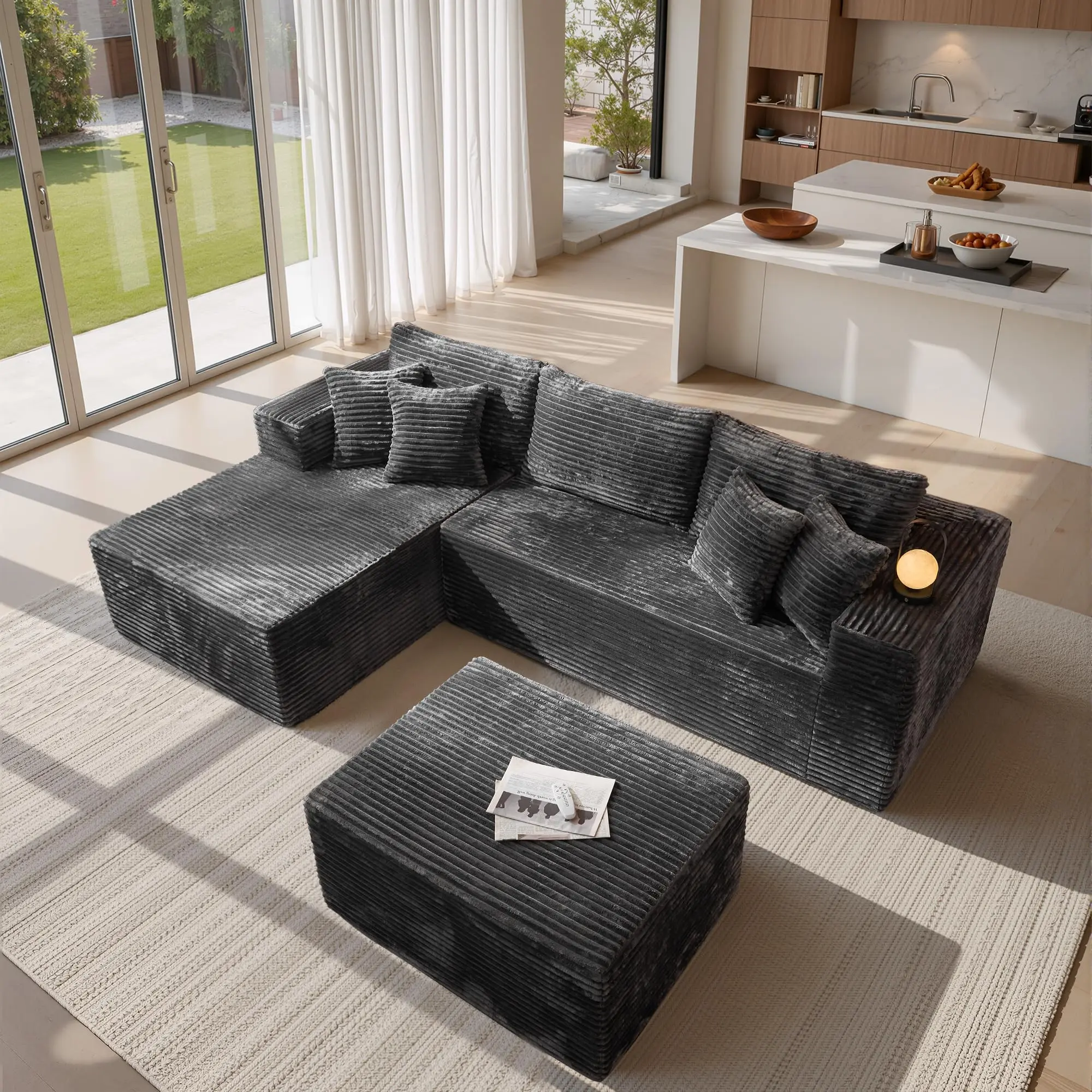 MODMOOD 108" Boneless Cloud Couch with Ottoman, Moudular Sectional Sofa with Deep Seat, No Assembly Required, Modern Minimalist Sofas with Chaise, Comfy U Shaped Couches for Living Room