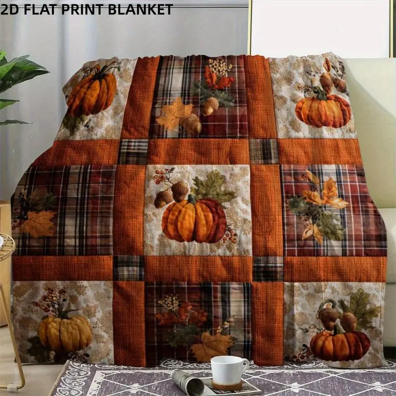 【Blanket】Fall Pumpkin Acorn Maple Leaf Plaid Patchwork Flat Print Flannel Fleeced Blanket Cozy Throw Blanket Premium Lightweight Blanket Throw Season Cozy Warm Nap Multifunctional Blanket, Vintage Autumn Harvest Farmhouse Pattern Gift For Thanksgiving