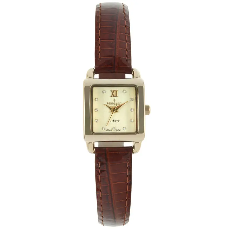 Peugeot Women's 20mm Square Watch with Glossy Brown Leather Strap