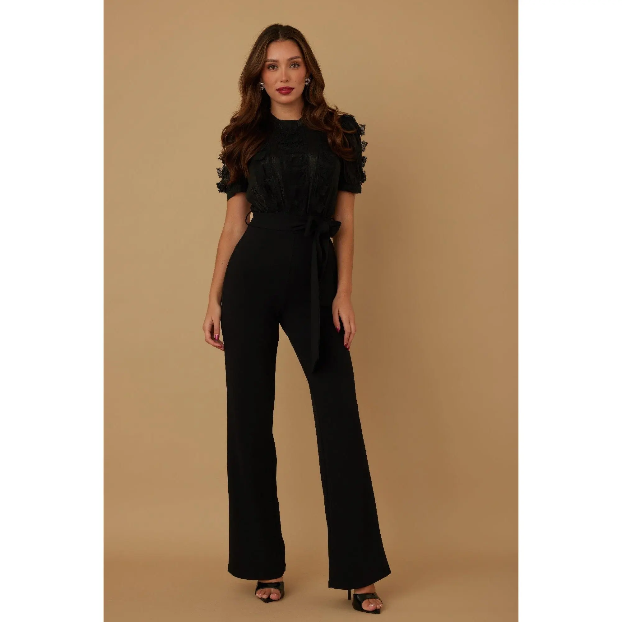 Women's Short Sleeve Lace Jumpsuit, Sheer Polyester Spandex Romper with Rounded Neckline and Ribbon Tie Waist, Bridal, Feminine, Elegance, Round Neck, Piece, Fit, Comfortable, Polyester Blend, Sheer Lace, Spandex Mix, Butterfly, Zipper