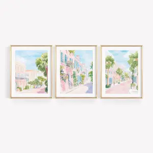 Set Of 3 Charleston South Carolina Watercolor Prints, Preppy Coastal Art, Pastel Pink Blue Watercolor Painting, Charleston Rainbow Row Art