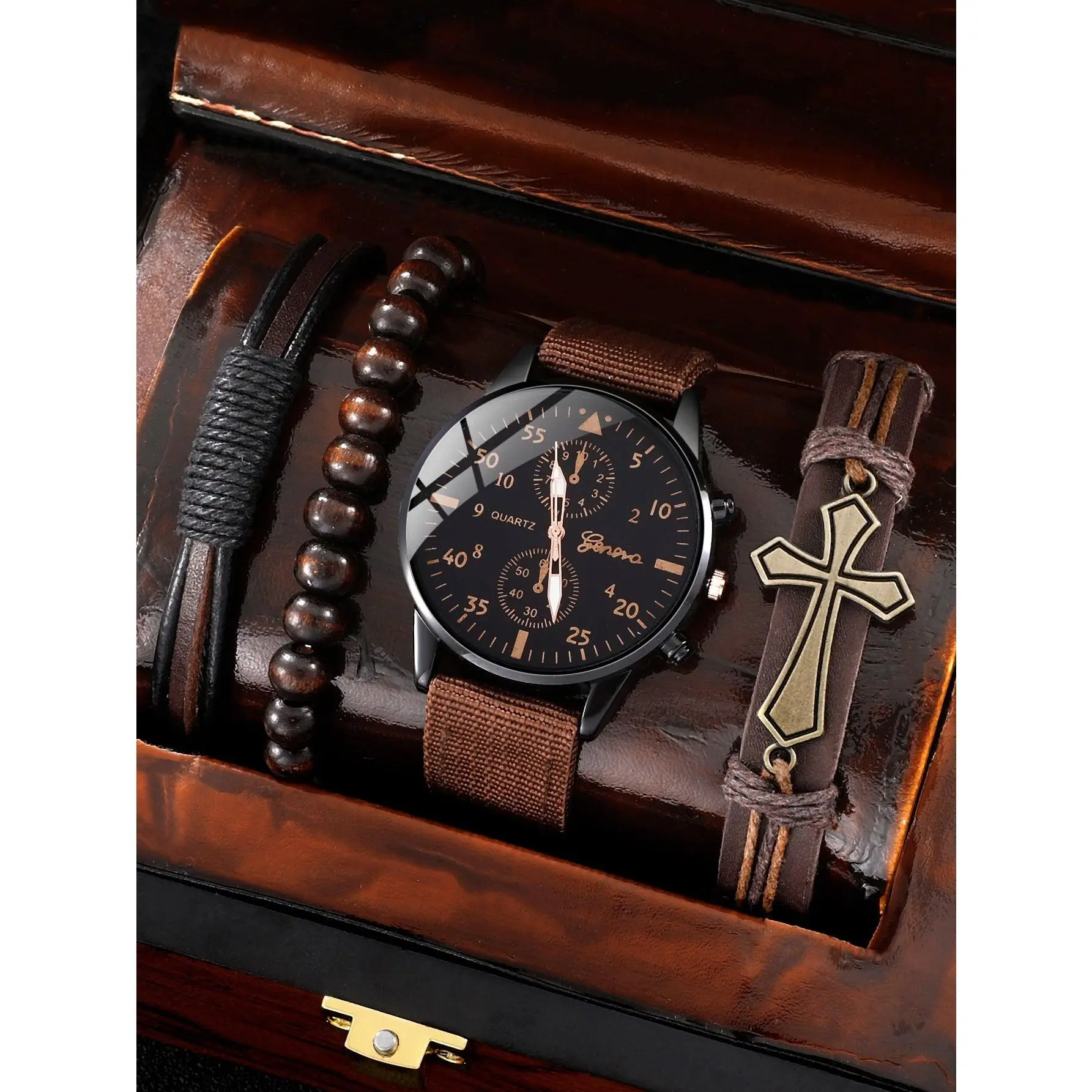 4PC Mens Brown Cross Casual Quartz Watch Set
