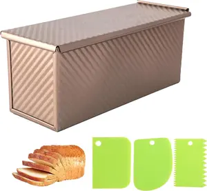 Hovnarh 13×5 Inch Corrugated Pullman Loaf Pan with Lid, Non-Stick Even Heat Distribution Square Bread Tin for Perfect Sourdough, 2.2LB Large Capacity with Dough Scraper