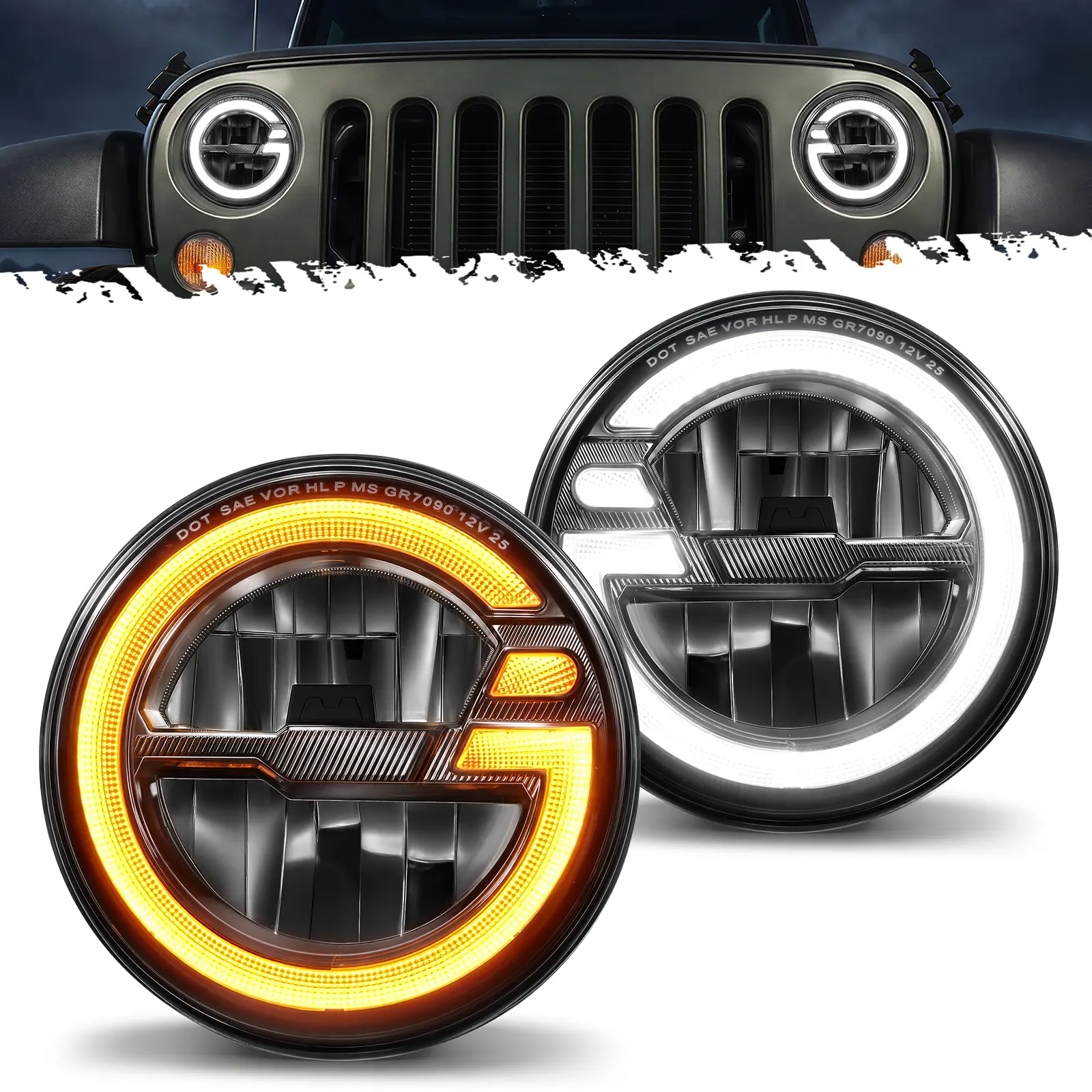 Partsam 7 inch Anti-glare Round LED Headlights DOT Approved Replacement for Wrangler/TJ/JK/CJ, with Start-up Gradient Halo DRL, High/Low Beam, Turn Signal, H6024