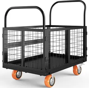Platform Truck Cart with Cage | 6-in-1 Multi-Purpose Heavy Duty Flatbed Cart，Foldable Hand Truck loaf 1800LBS with 4 Swivel Wheels for Warehouse, Garage, Moving