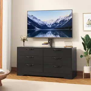 Garvee 47.2" Modern Entertainment Center with Mount 6-Drawer Rattan Dresser Media Console Table for 32-85 Inch Screens Black & White Storage Space & Height Adjustment TV Stand