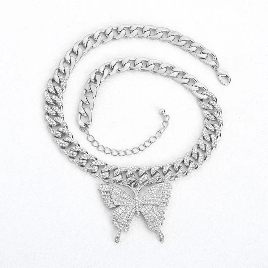 Iced Out Butterfly Pendant Necklace, Rhinestone Cuban Link Chain for Women, Hip Hop Statement Style Jewelry for Casual Daily Wear, Female, Long, Geometric, Butterfly Necklaces, Rhinestone Necklaces