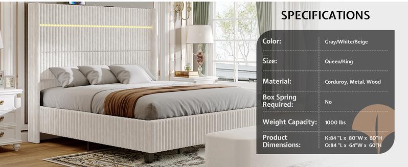 AMERLIFE Modern LED Bed Frame with Charging Station, Corduroy Upholstered Platform Bed with 60" Tall Wingback Headboard/No Box Spring Needed/Luxury Furniture Home Design/Queen/King Size/Best Gift Ideas/Christmas Gifts