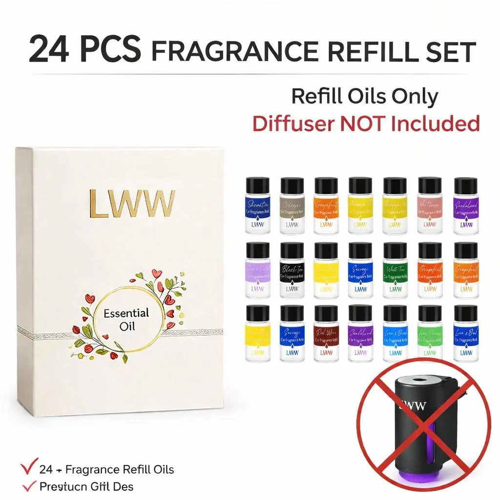 LWW 24-Pack 10 mL Fragrance Dropper Oils Refill Set - Car Aromatherapy Refill, Car Odor Eliminator, Freshen Spaces for Diffusers, Home Fragrance Supplies