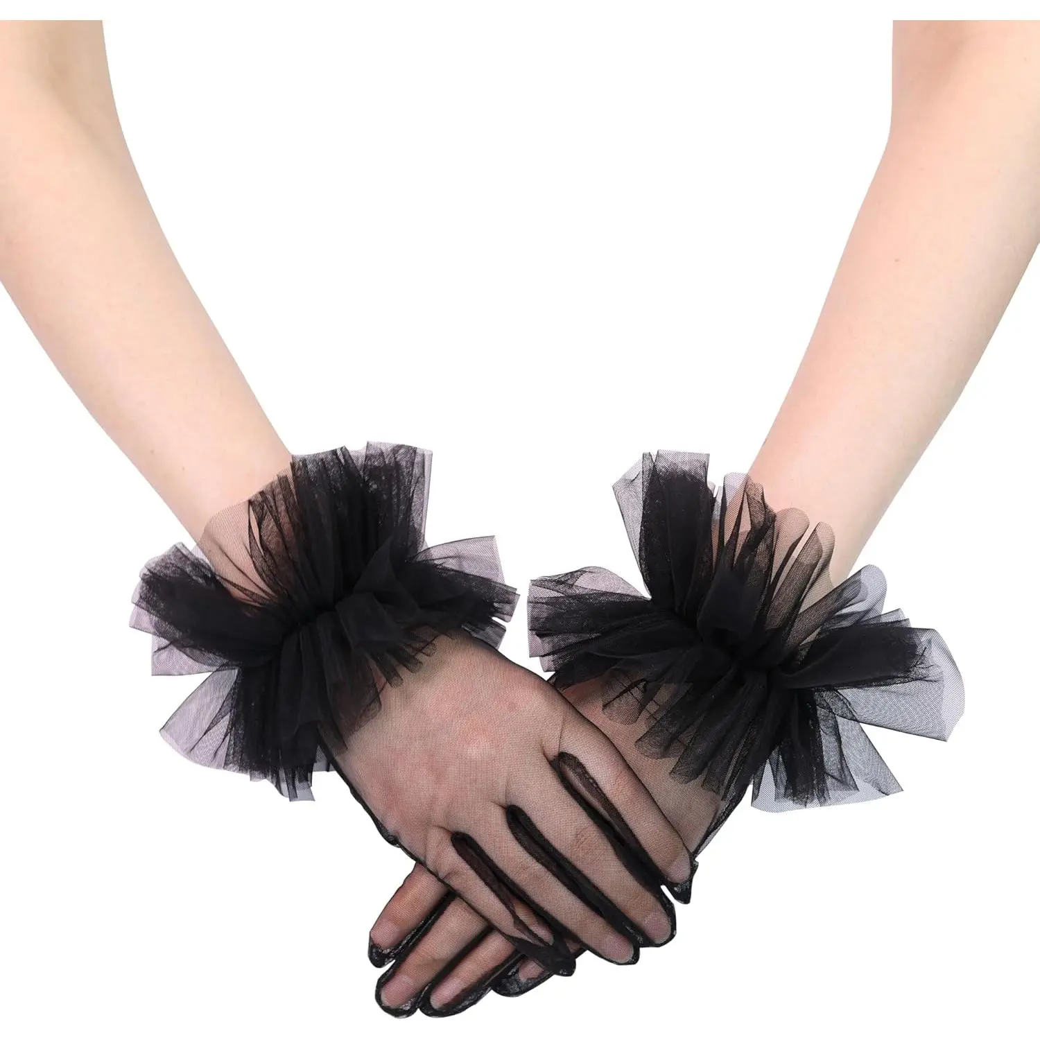 Women's Tea Party Short Gloves Ruffles Tulle Mesh Gloves Christmas Evening Wedding Party Glove