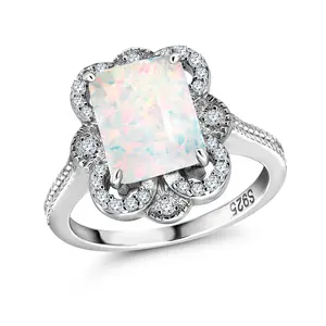 925 Sterling Silver Created Opal Octagon Ring, Emerald Cut Opal Ring, Created Opal And CZ Rings, Opal Ring Jewelry