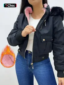 Women's Contrast Faux Fur Trim Hooded Thermal Lined Jacket, Casual Long Sleeve Button Pocket Zip Up Casual Chic Outerwear for Fall & Winter, Women's Clothes for Daily Wear