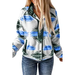 Womens Fleece Jacket Western Aztec Print Long Sleeve Snap Button Down Shacket Jackets with PocketsGift