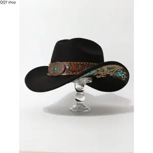 Vintage Carved Western Cowboy Hat, Turquoise Stud Wool Felt Fedora, Bohemian Sun Protection Dress Cap, Retro Classic Fashion Headwear, Stylish Boho Accessory for Men Women Daily Casual and Themed Party Wear