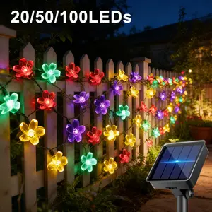 1pc Solar Sakura String Lights Outdoor IP65 Waterproof, 8 Model Light, 20/50/100LED Cherry Blossom Fairy Lights Solar Powered for Garden Patio Yard Fence Balcony Party Christmas Decor, Waterproof Landscape Lights, Warm White/White