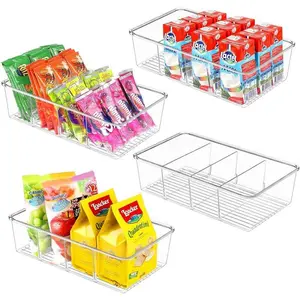 Clear Pantry Organizer Storage Bins 4 Pack Plastic Removable Snack Organizer Pantry Organization Storage Racks with Removable Dividers