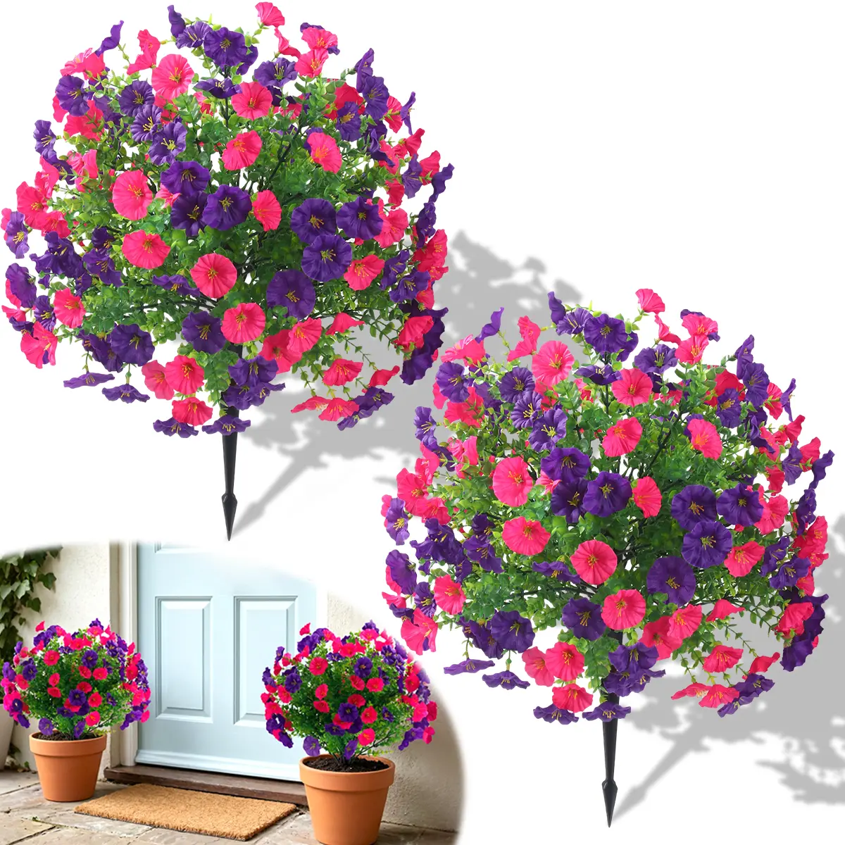 2pcs 24" Mixed-Color Morning Glory Artificial Plants (with stakes), UV-resistant, suitable  for porches, homes, patios, balconies, and gardens artificial flowers flower summervibes.
