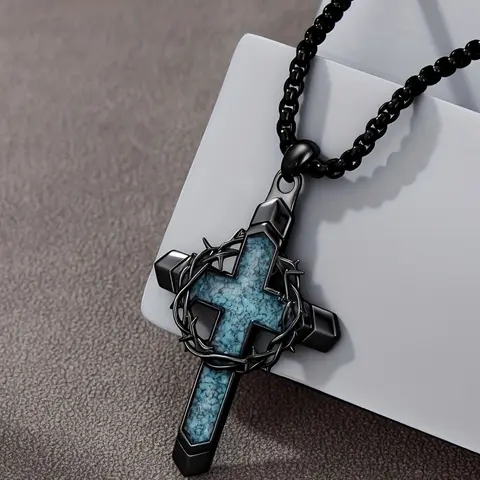 Men's Vintage Thorn Crown & Turquoise Cross Pedant Necklace, Men Accessories, Punk Style, Gift for Friends, Perfect for Holidays and Birthdays