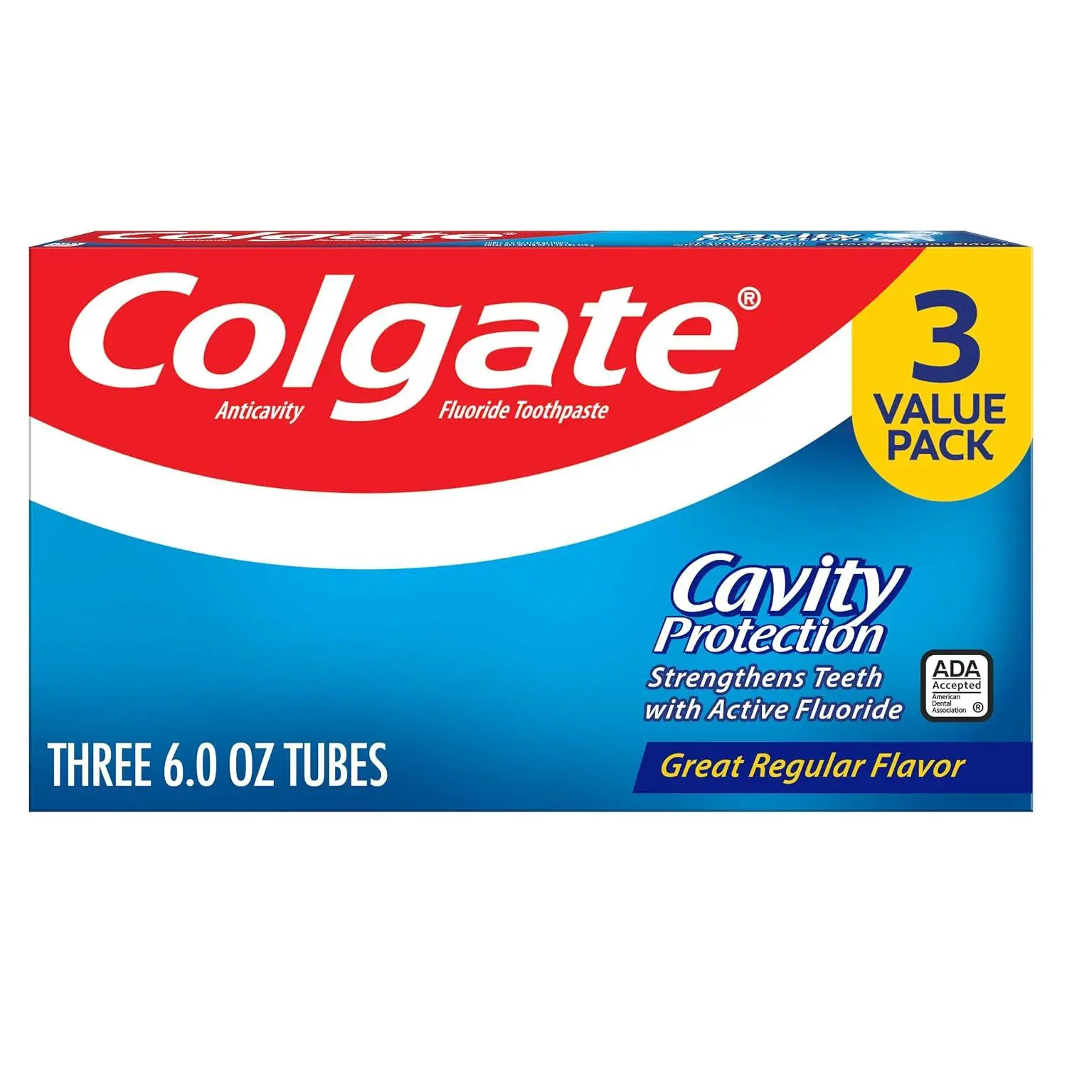 Colgate Cavity Protection Fluoride Toothpaste, Mint, 3 Pack, 6 oz | Anticavity Adult Toothpaste Pack, Fights Cavities, Enamel Strengthening, ADA Accepted, Great Regular Mint Flavor