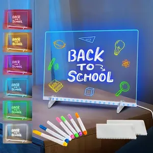 USB LED acrylic message board with bracket, acrylic LED light, 7-color pen holder, transparent rectangular note drawing board with illumination, suitable for multifunctional decoration in home offices, Back to School