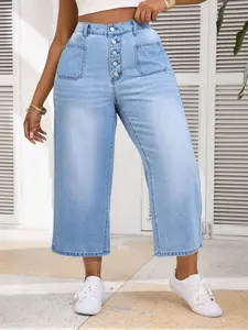 Women's Plus Size Loose-Fitting Denim Jean Mid-Thigh Pants, Multi-Button Design, Washable Stretch Fabric, Casual Fashion Bottoms