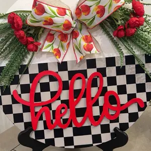Hello Wreath with Red Bow and Black and White Checkerboard Design